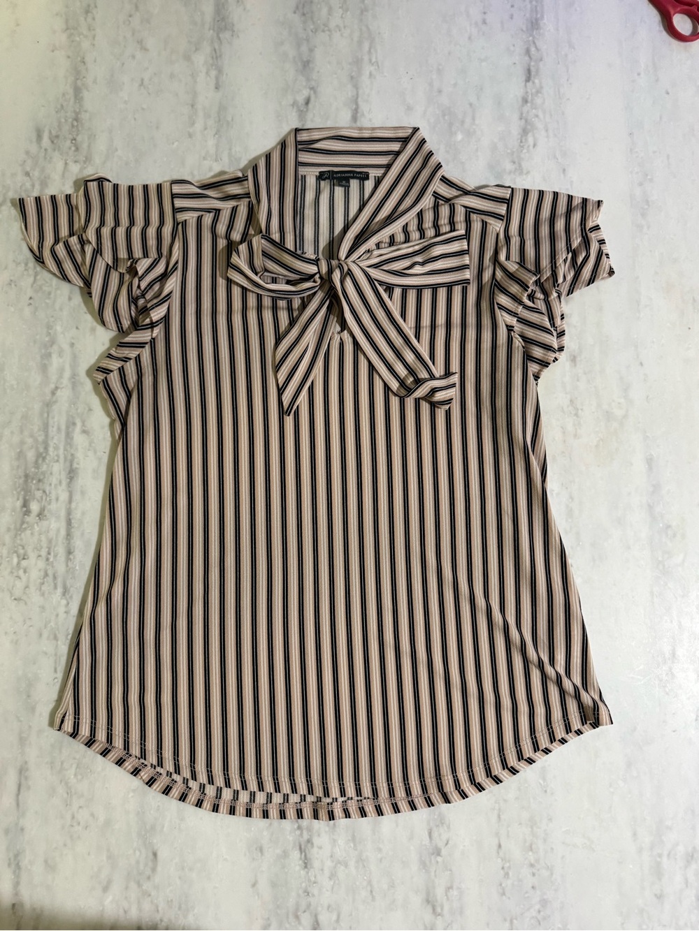 SOLD Adrianna Papell Beige and Black Striped Tie-Neck Ruffle Sleeve Office Blous